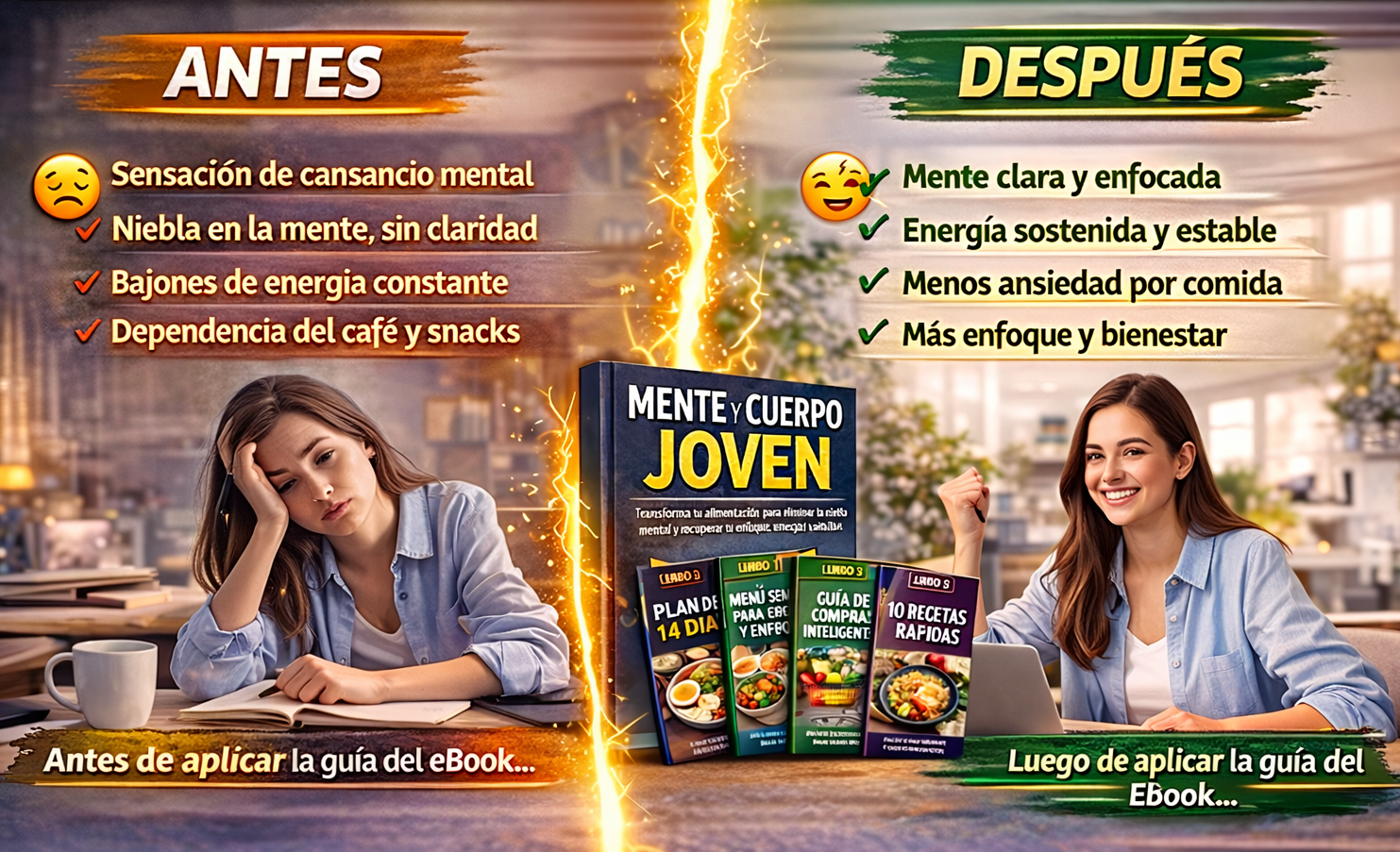 Comparación antes y después de aplicar la guía Mente y Cuerpo Joven: de cansancio mental y baja energía a mente clara, enfoque y bienestar.